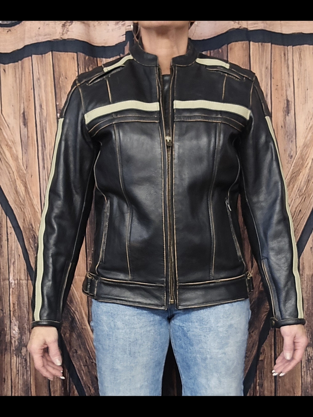 Element DK Brown/Black Leather Jacket with Cream Stripes - Picture 12 of 12